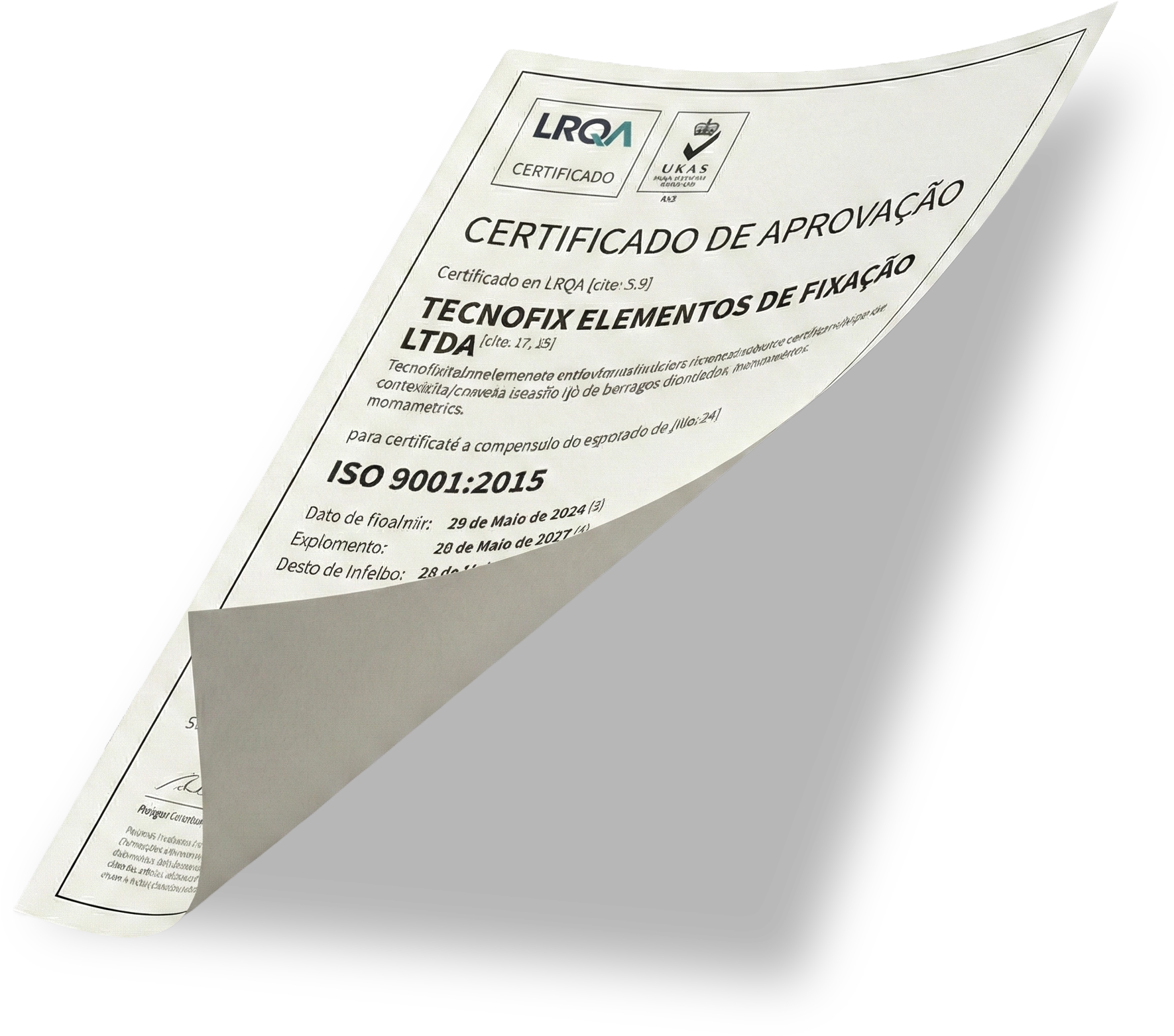 Certificado ISO 9001:2015 LRQA — Tecnofix Elementos de Fixação